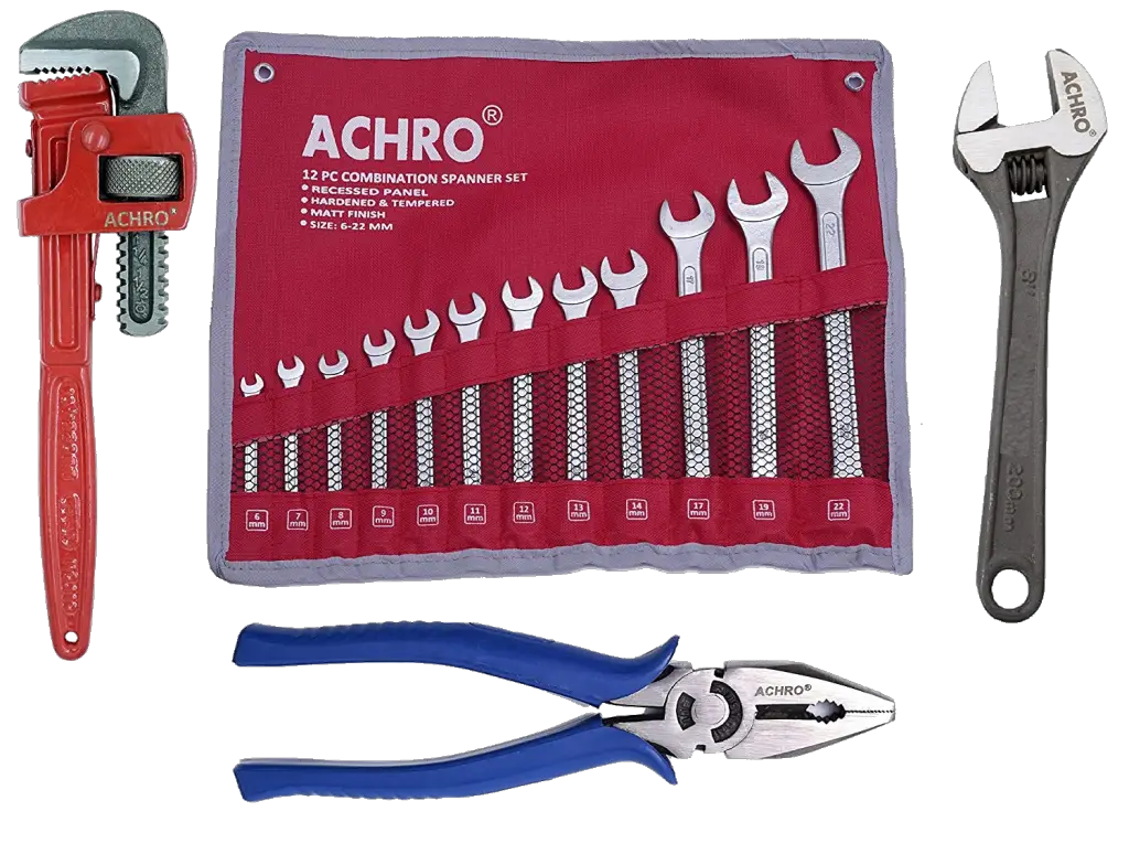 ACHRO Multi Purpose Tool Kit Set (Contains 12 Piece Combination Spanner Set + 10 Inch Pipe Wrench + 8 Inch Adjustable Wrench + 8 Inch Combination Plier Tool)