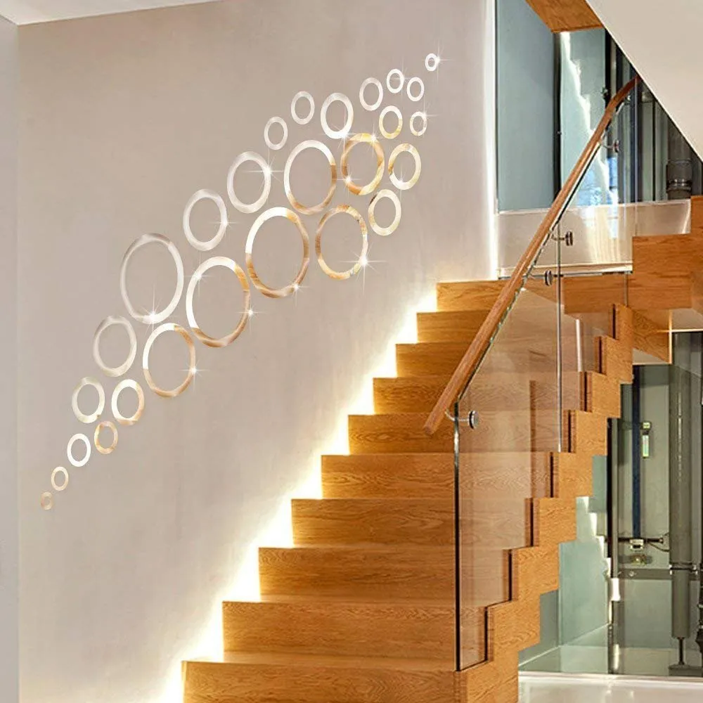 Atulya Arts Rings and Dots 3D Acrylic Wall Stickers (Silver)- Pack of 30