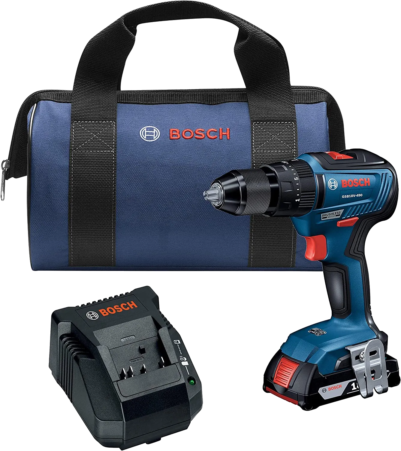 BOSCH GSB18V-490B12 18V EC Brushless 1/2 In. Hammer Drill/Driver Kit with (1) 2.0 Ah SlimPack Battery