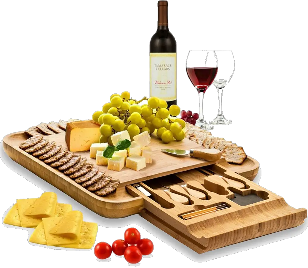 Bambüsi Cheese Board and Knife Set - Premium Bamboo Wood Charcuterie Board Set & Cheese Board Accessories Set - Kitchen Wine & Meat Cheese Serving Platter - Unique Wedding Gifts and Housewarming Gift