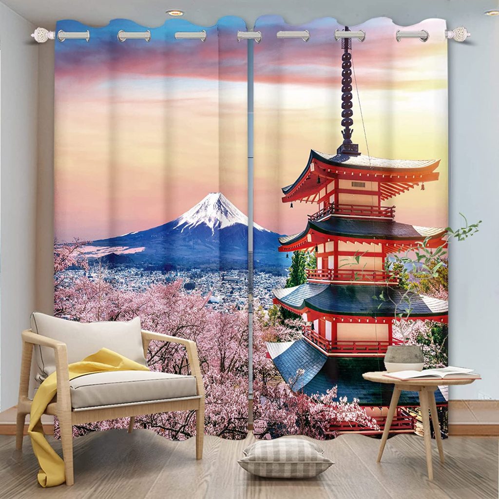 DORCEV Japanese Curtains Cherry Blossoms Japanese Volcano Pavilion Building Townscape Window Curtains for Bedroom Living Room Sunset Snow Mountain Blackout Kitchen Curtains,52x72 inch,2 Panels