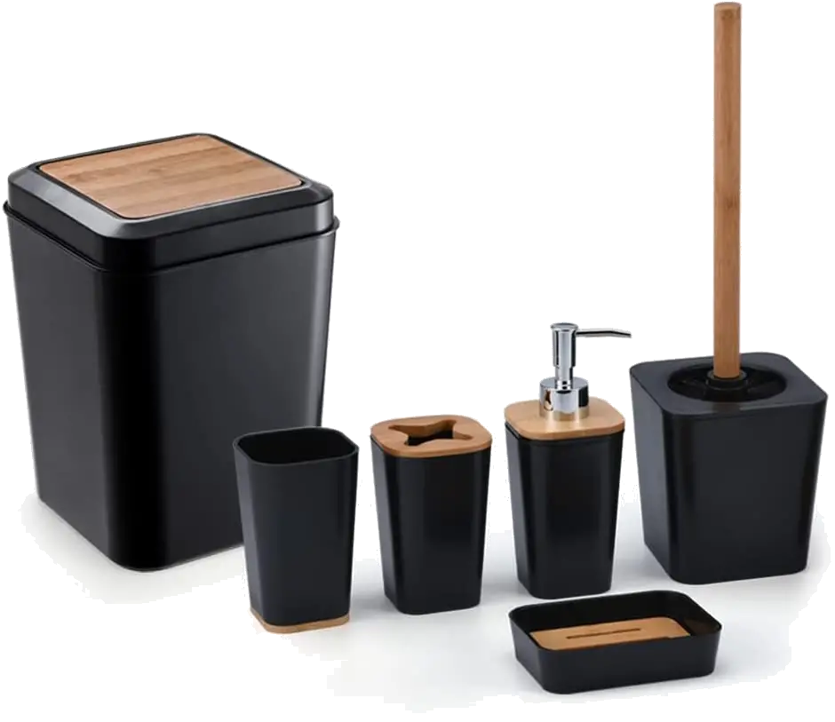 KRALIX Black Bathroom Accessories Set, 6 Piece Complete Bamboo Bathroom Set with Toothbrush Holder and Cup, Soap Dish and Dispenser, Trash Can, Toilet Brush, Black Bathroom Set Accesorios para Baños
