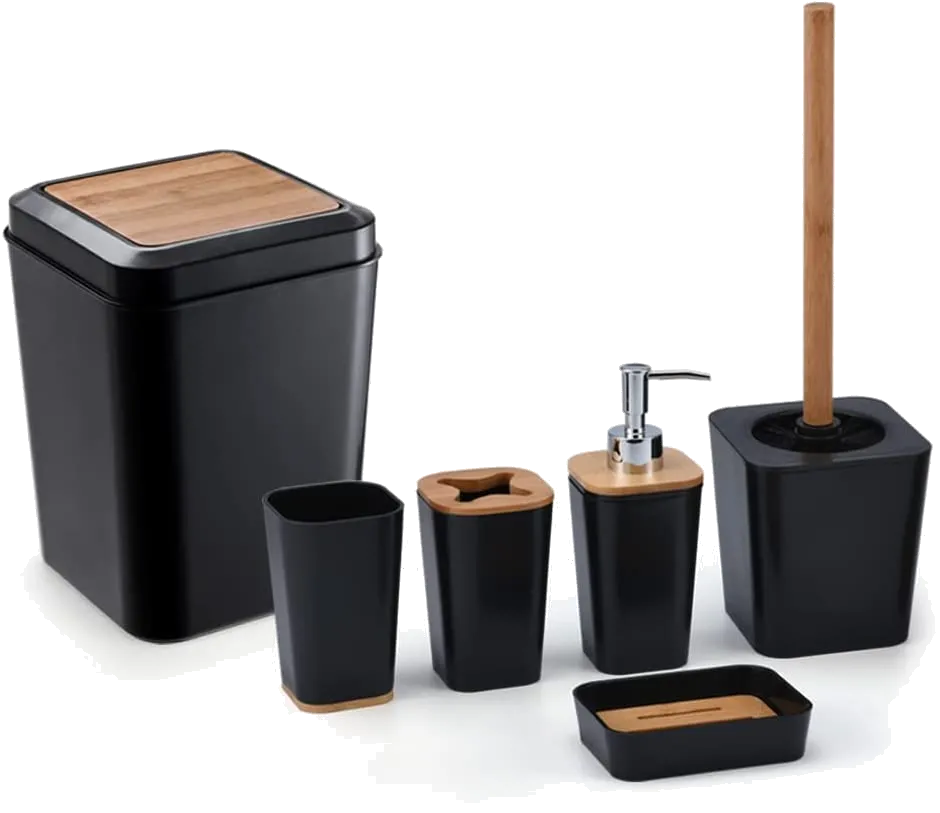 KRALIX Black Bathroom Accessories Set, 6 Piece Complete Bamboo Bathroom Set with Toothbrush Holder and Cup, Soap Dish and Dispenser, Trash Can, Toilet Brush, Black Bathroom Set Accesorios para Baños