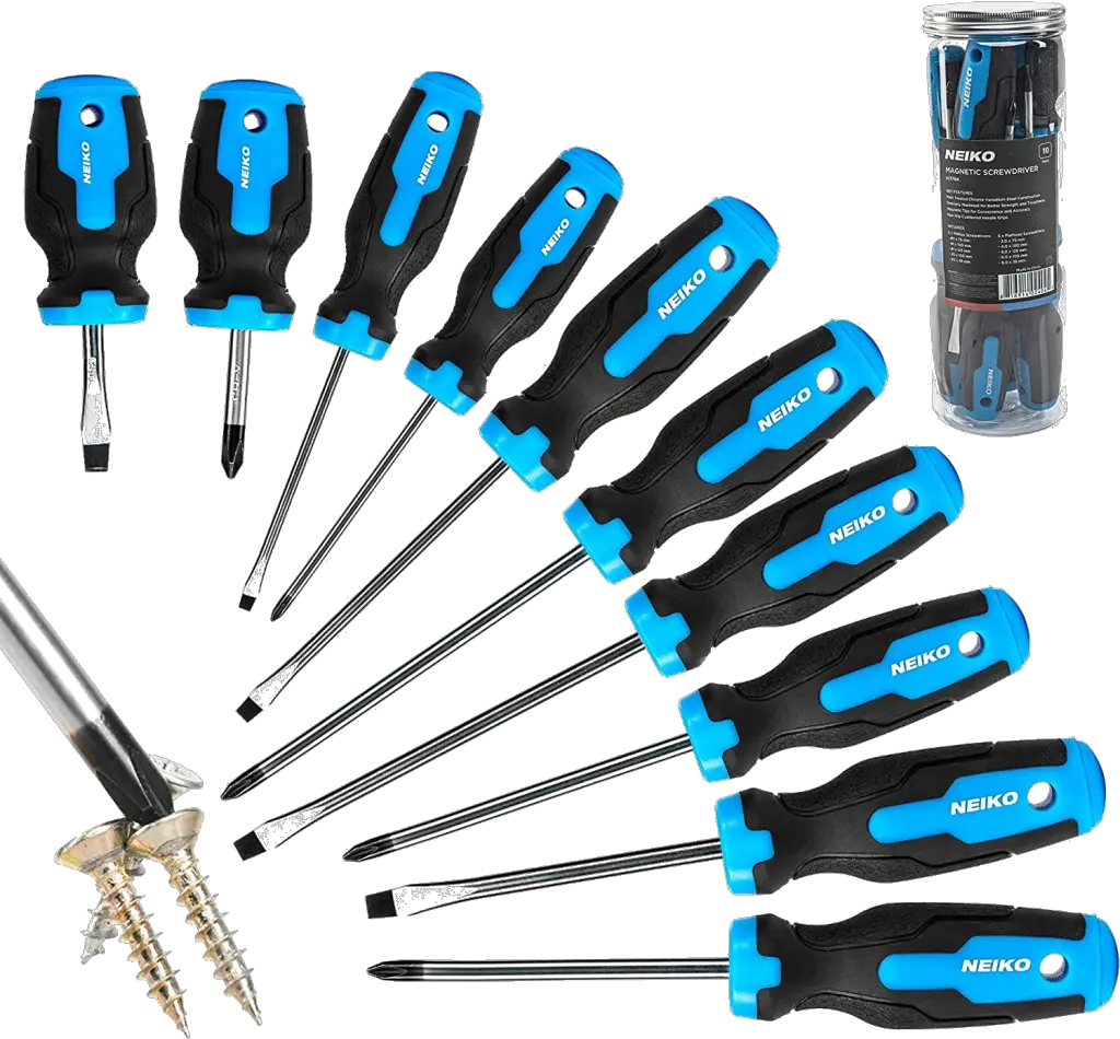 NEIKO 01378A Magnetic Screwdriver Set | 10 Piece | Phillips & Flathead | Heat Treated Chrome Vanadium Steel | Slotted Head Tip with Non-Slip Cushioned Handle Grips | Small Screwdriver Tool Kit