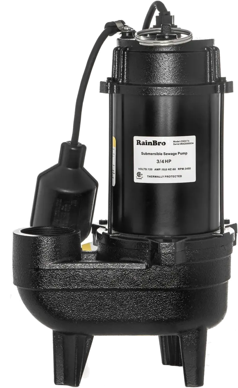 RainBro 3/4 HP Cast iron submersible sewage pump with 10 ft. piggy back tether float switch, Model# CSE075