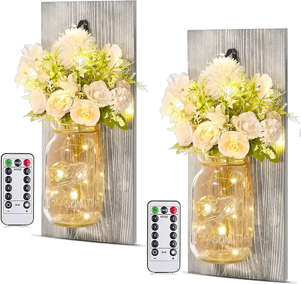 Rustic Wall Sconces, Mason Jar Sconces, Handmade Wall Art Hanging Design with Remote Control LED Fairy Lights and White Peony, Farmhouse Kitchen Decorations Wall Home Decor, Living Room Lights Set of Two