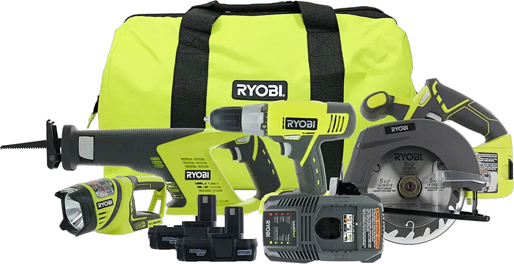 Ryobi P883 One+ 18V Lithium-Ion Cordless Contractor’s Kit (8 Pieces: 1 x P704 Worklight, 1 x P515 Reciprocating Saw, 1 x Circular Saw, 1 x P271 Drill / Driver, 2 x Batteries, 1 x Charger, 1 x Bag)