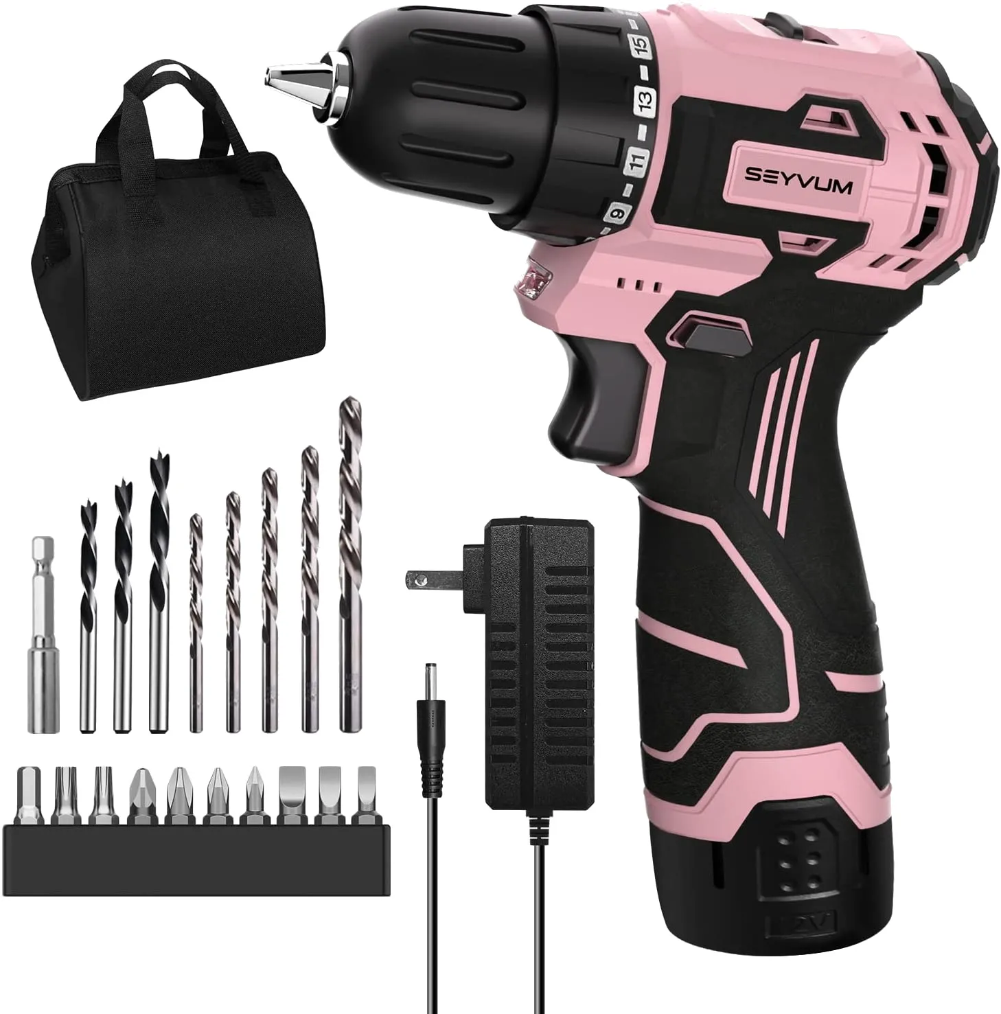 SYVUM C11 Cordless Drill Set, [Compact] [Powerful Brushless Motor], 12V Electric Drill 350 In-lb Torque, Power Drill with Tool Bag, 1H Fast Charger, Lightweight, Electric Screwdriver Drill Bits(Pink)