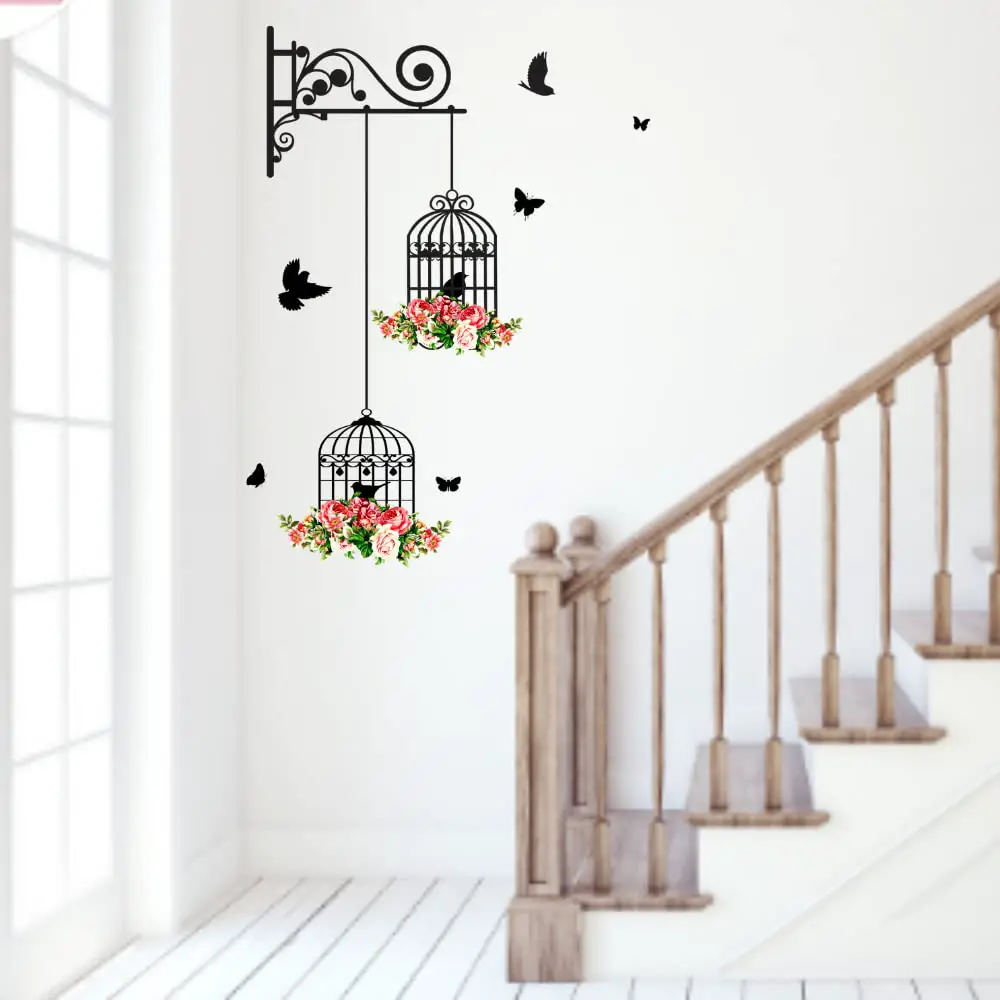 Studio Curate Wall Sticker for Living Room, Bedroom, Hall, Kitchen, Home Decor | Colorful Flowers, Birds and Birdcage | PVC Vinyl | Pack of 1 (76cm x 56cm) (Birdcage)