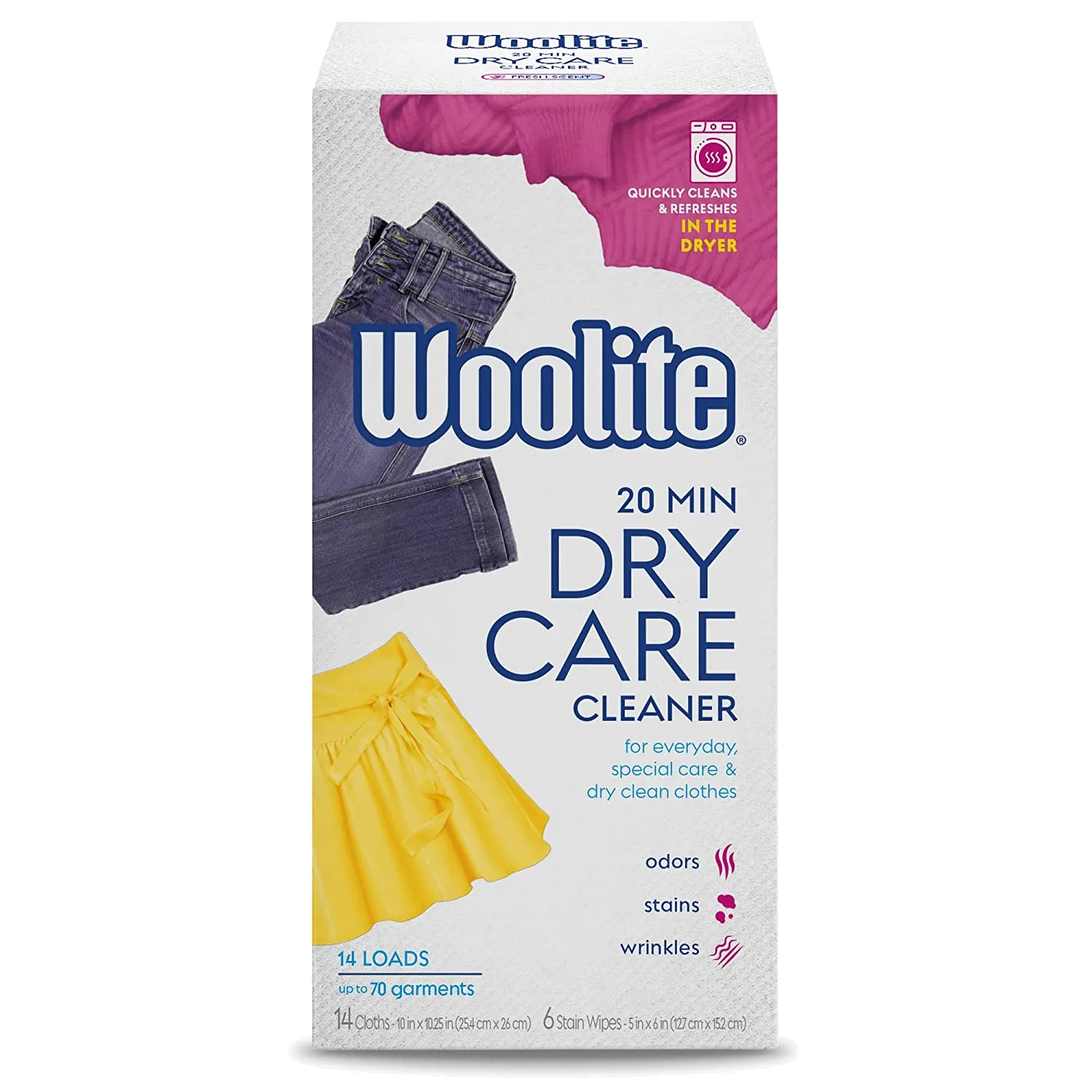 Woolite At-Home Dry Cleaner Dry Cleaning Cloths and Stain Removal, Easy to Use, Safe on Wool, Cashmere, and Designer Jeans, Fresh Scent, 14 Cloths