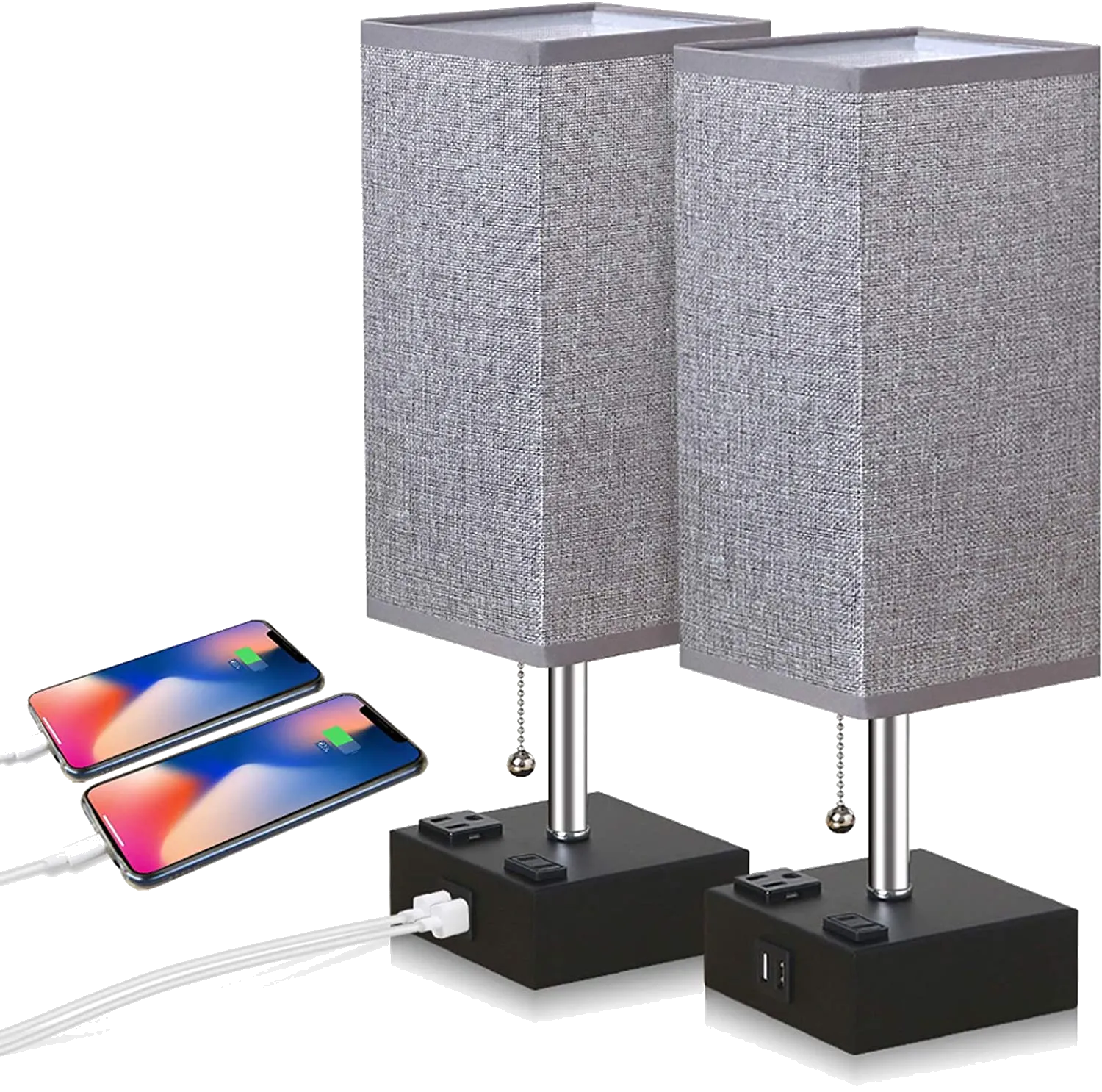 ZEEFO USB Table Lamp, Gray Square Fabric Shade Bedside Table Lamp with Two AC Outlet & Dual USB Charging Ports, Modern Design Desk Lamp Ideal for Bedroom,Office,Guest Room, Kids Room (Set of 2)