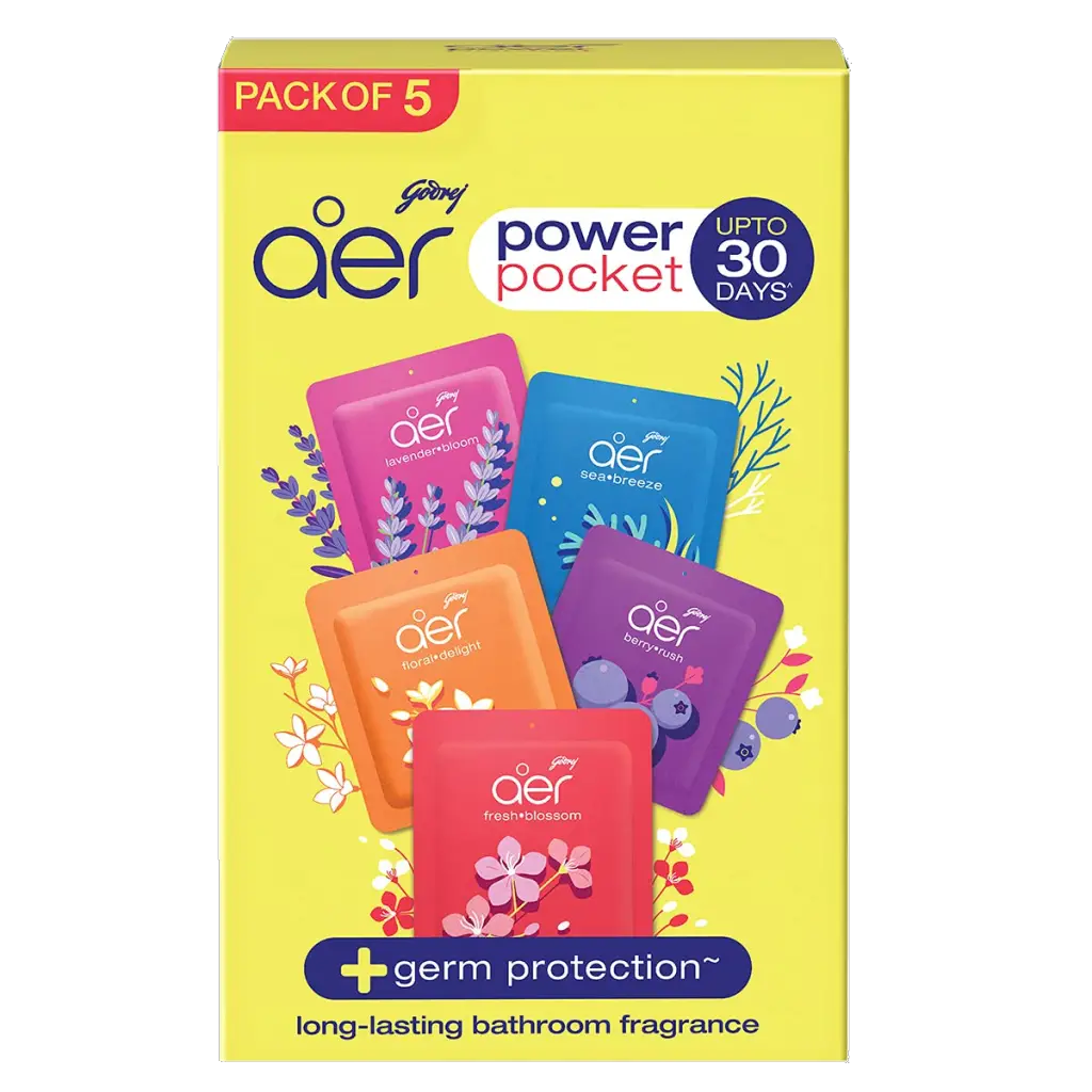 Godrej Aer Power Pocket | Air Freshener - Bathroom and Toilet | Lasts Up to 30 days | Assorted Pack of 5 (50g)