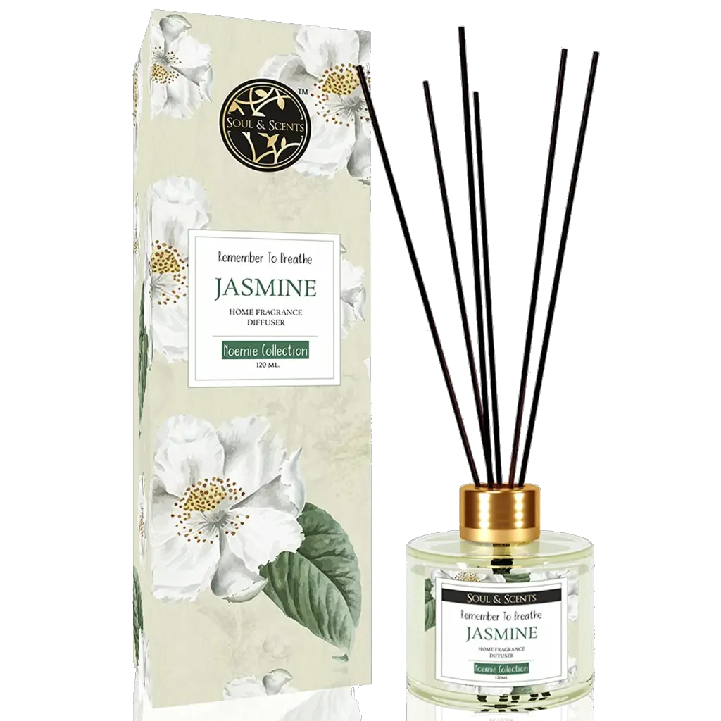 Soul & Scents Home Fragrance Jasmine Reed Diffuser Set | Toxin-Free | Fine-Living Fragrance | Aromatherapy | Mood Enhancer | Made in India - 120ml with 6 Reed Sticks