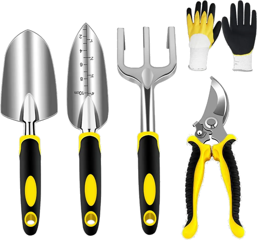 AGAKY Garden Tool Set 5 Piece Aluminum Gardening Tools Kit with Gloves, Pruning Shear, Rake, Shovel & Trowel Heavy Duty Indoor and Outdoor Hand Planting Kit Gardening Gifts for Women & Men, Yellow