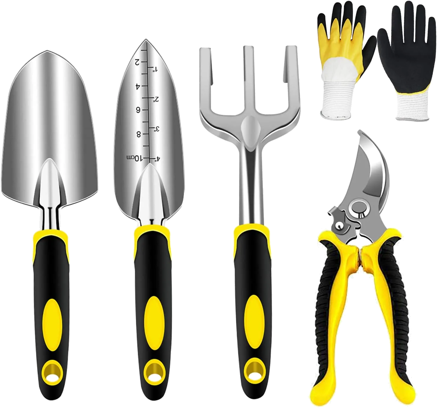 AGAKY Garden Tool Set 5 Piece Aluminum Gardening Tools Kit with Gloves, Pruning Shear, Rake, Shovel & Trowel Heavy Duty Indoor and Outdoor Hand Planting Kit Gardening Gifts for Women & Men, Yellow