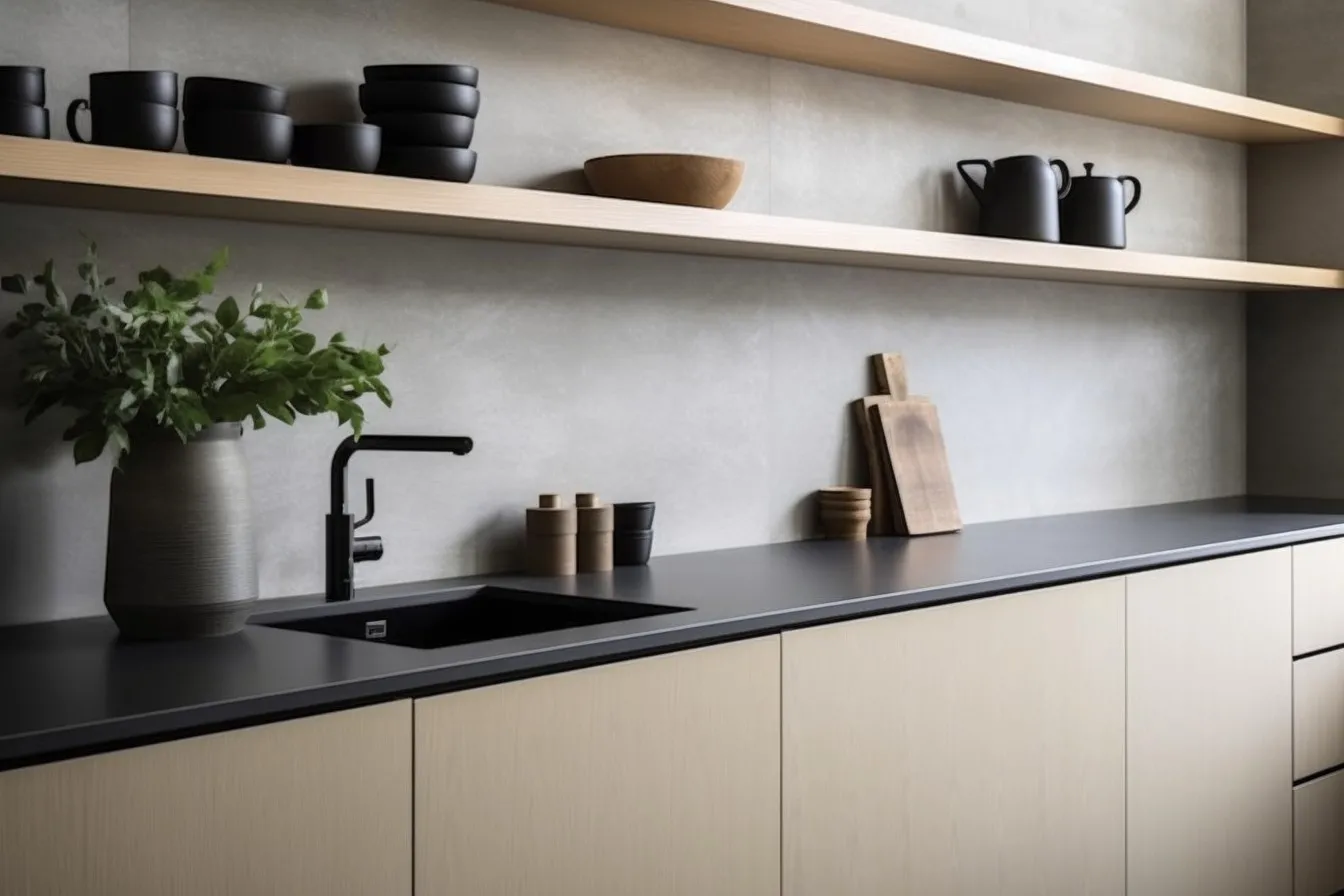 Minimalist kitchen with matte textured porcelain tiles
