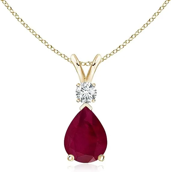 Angara Natural Ruby Teardrop Pendant Necklace with Diamond