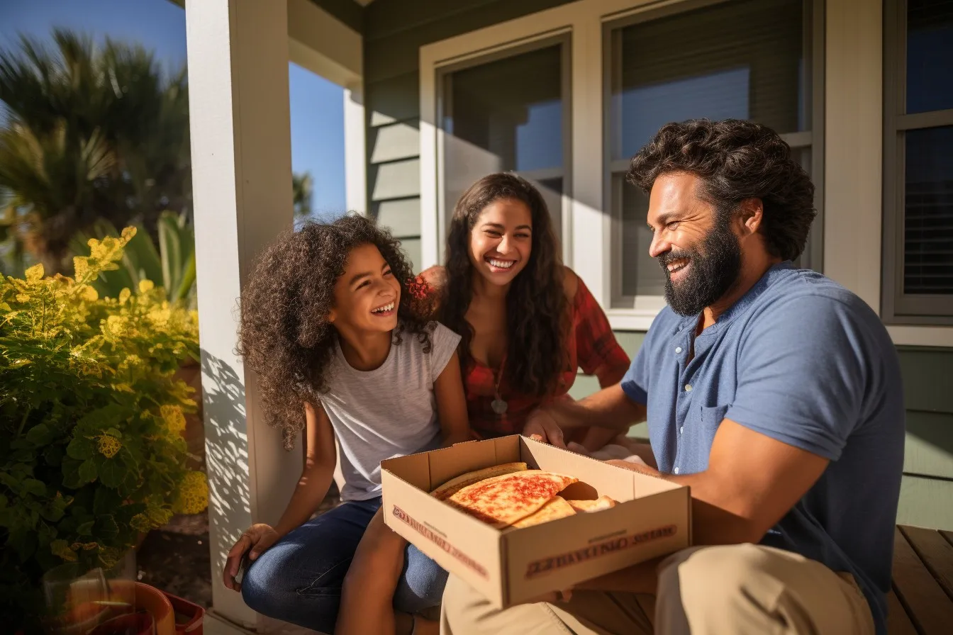 Family Enjoying Pizza on Porch