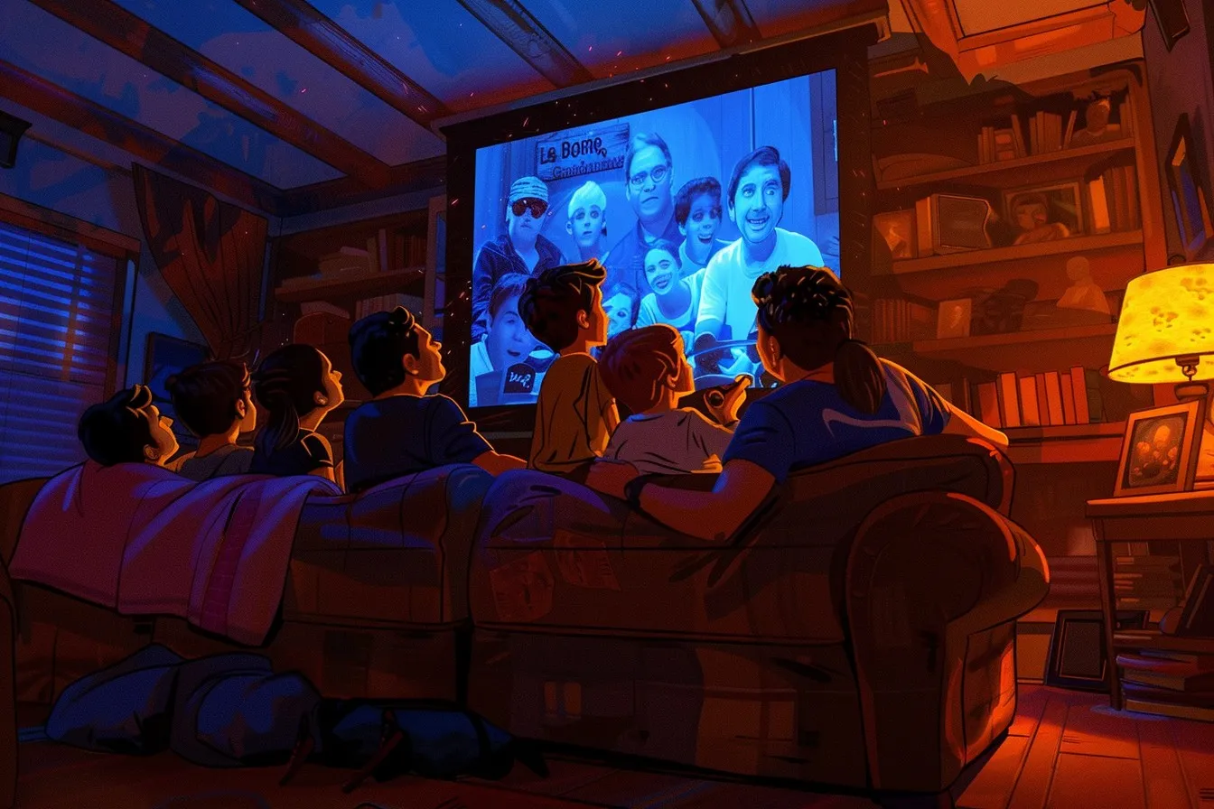 A family enjoying a movie night in their newly finished basement