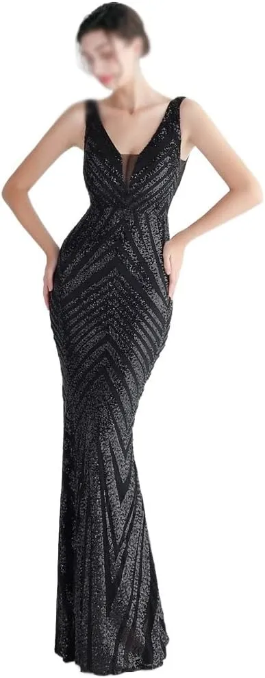 LIUOMK Sequin Long Plus Size Womens Performance Dress Banquet Evening Dress