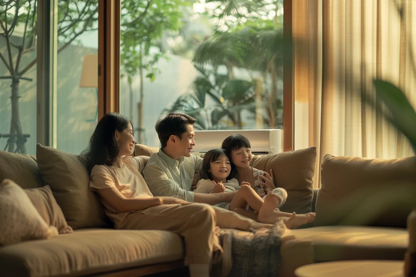 Family enjoying cool air at home
