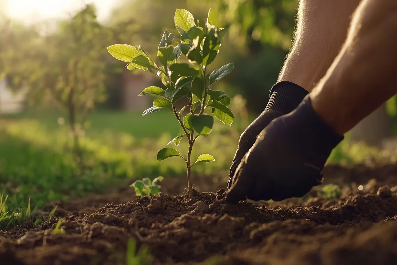 Homeowner planting a new tree in the backyard