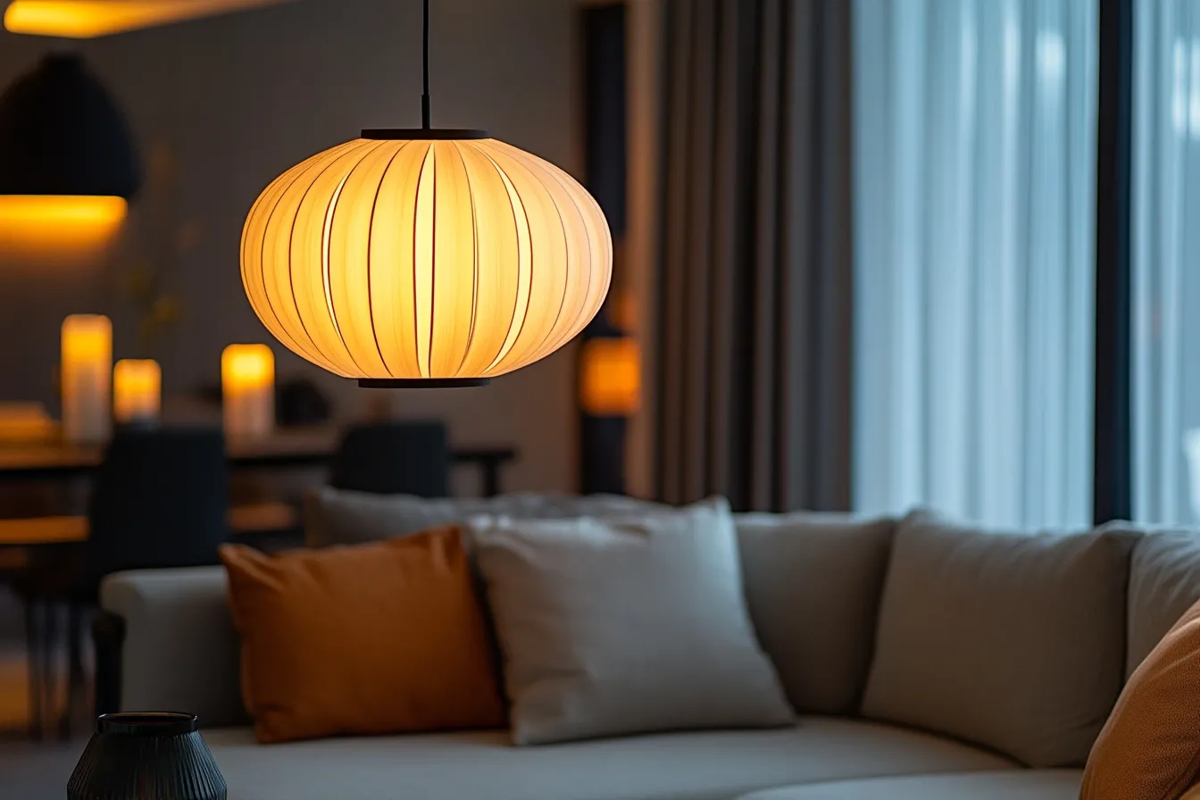 Living room with pendant lighting ambient warmth