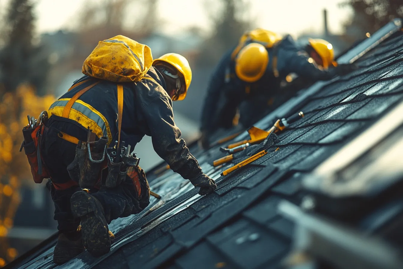 Urgent roof repair showing workers fixing a roof in action