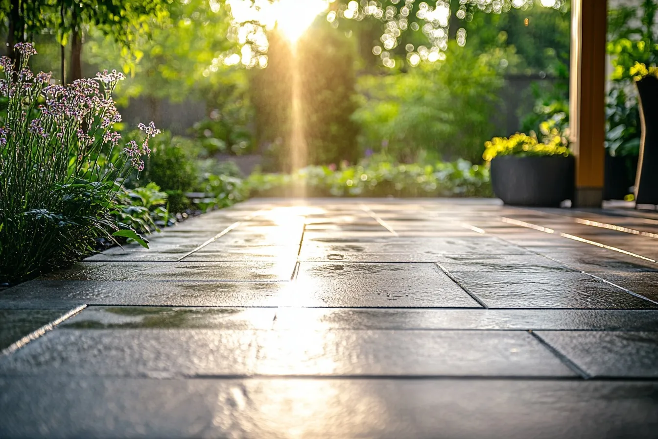 Freshly cleaned patio with garden view