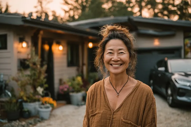 Happy homeowner standing proudly outside a finished garage ADU