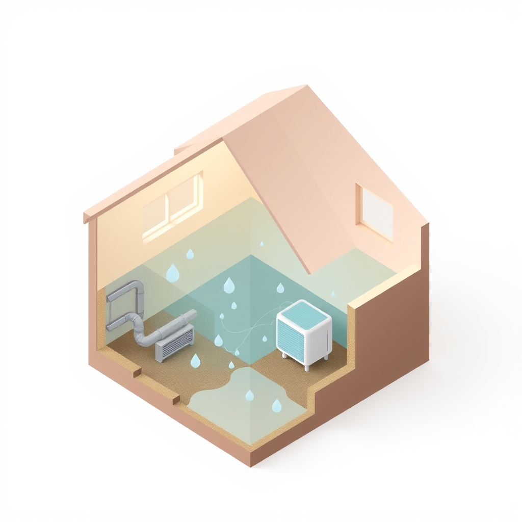 Isometric cutaway of a house showing damp basement, water droplets and a dehumidifier