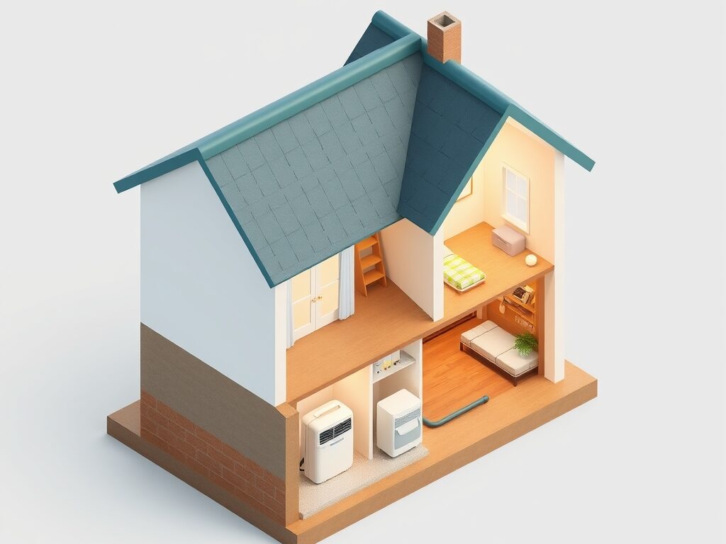 Isometric cutaway of a house in the rain with a basement dehumidifier