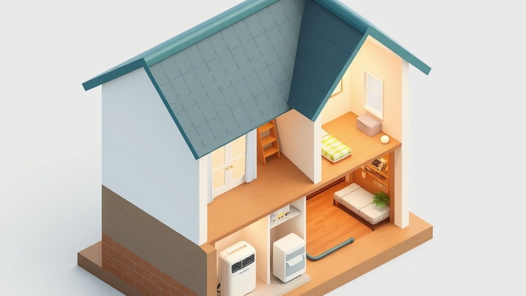 Isometric cutaway of a house in the rain with a basement dehumidifier