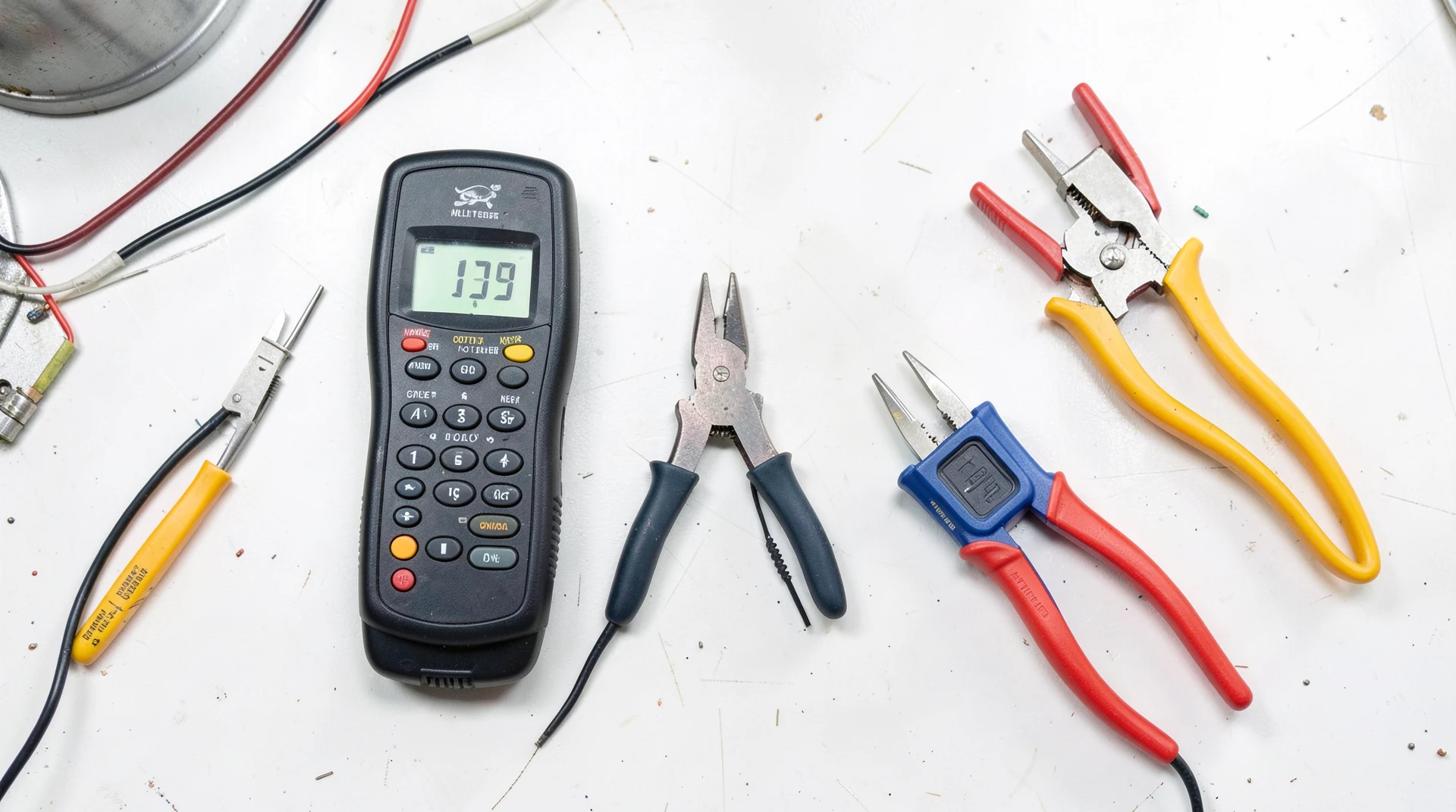 Electrical multimeter and testing tools on workbench