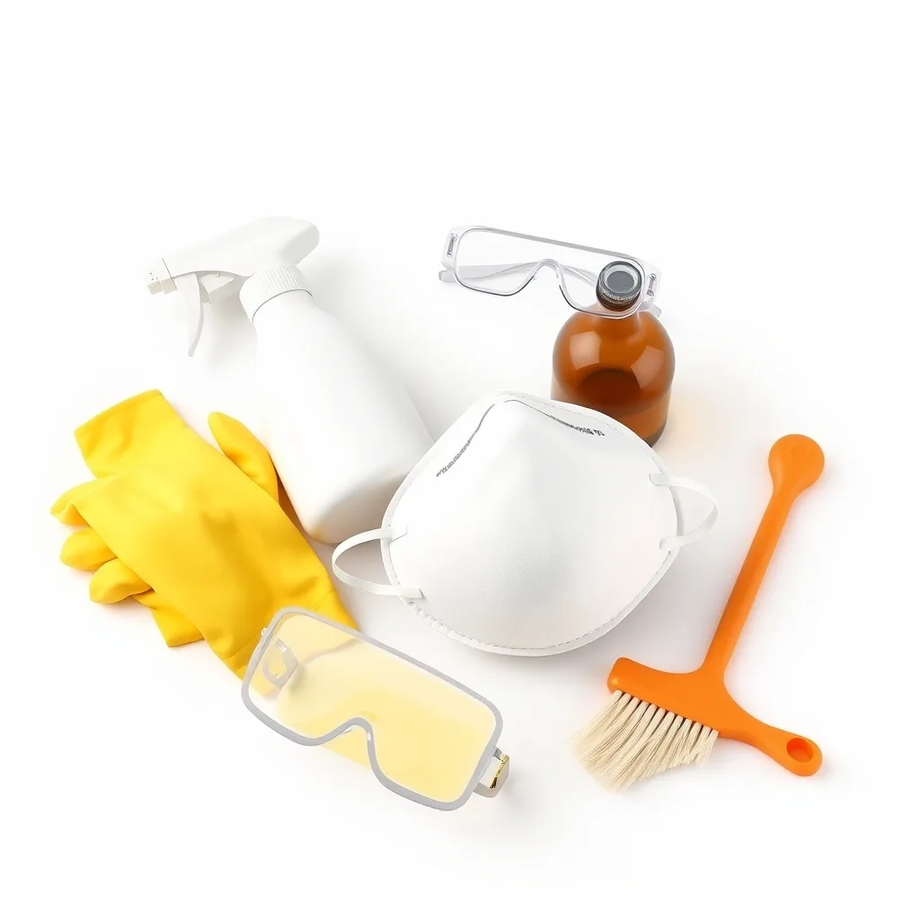 Flat lay of black mold cleaning supplies on a white background: a spray bottle, hydrogen peroxide, an N95 mask, safety goggles, yellow rubber gloves, and a scrub brush