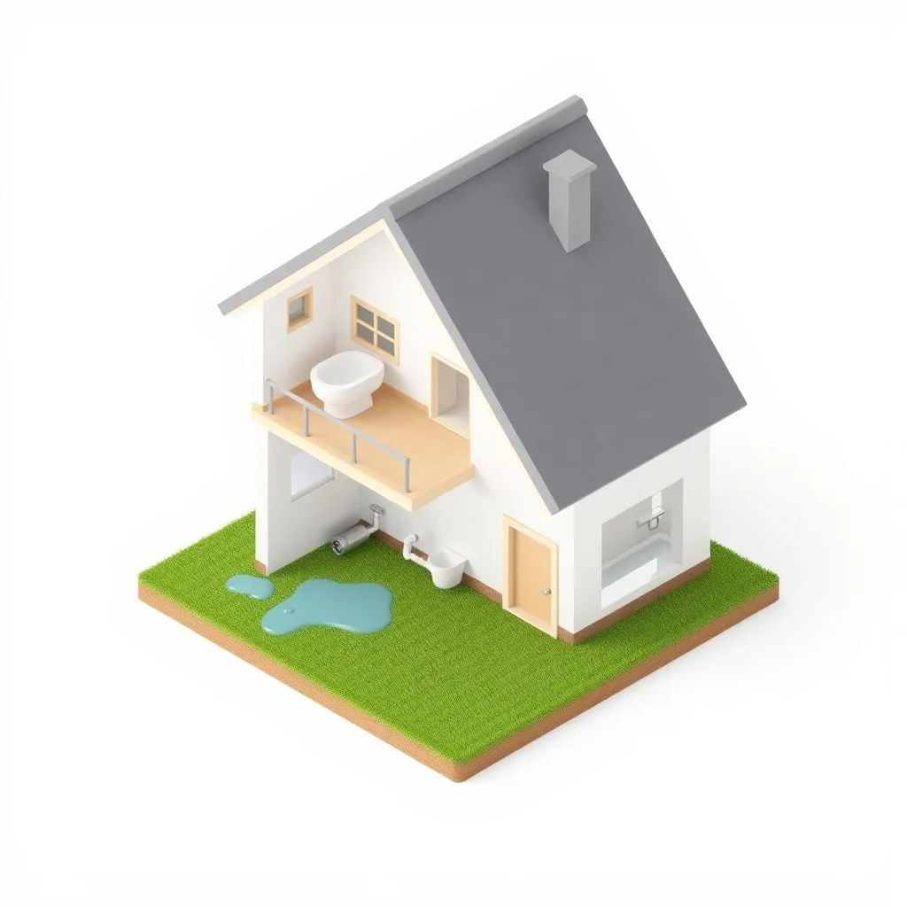 Isometric cutaway illustration of a house showing common moisture sources that cause black mold: bathroom plumbing, a pipe leak, and water pooling against the foundation