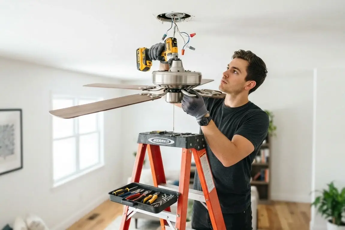 Ceiling fan being removed from ceiling with tools