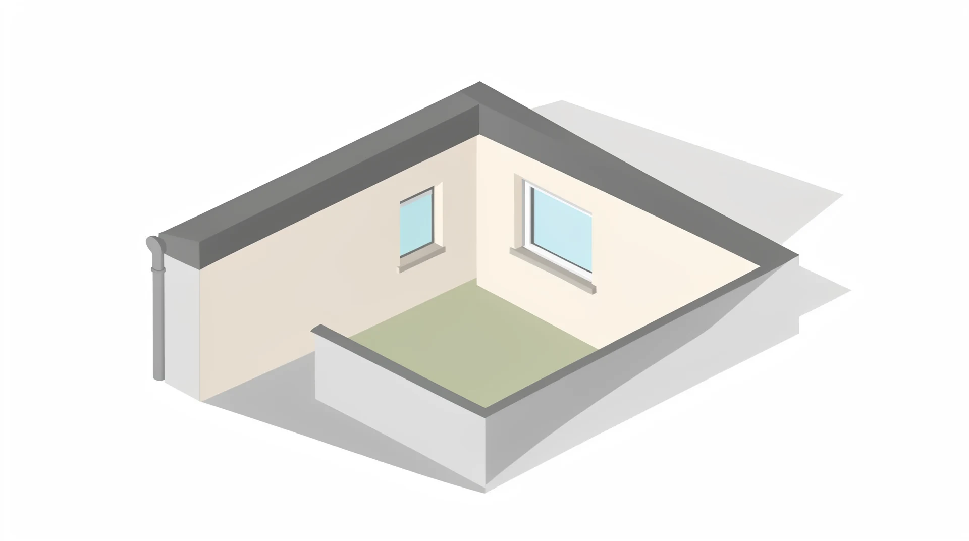 Isometric house diagram showing a gutter downspout, window, and roofline, the three most common exterior points to check for a damp wall diagnosis