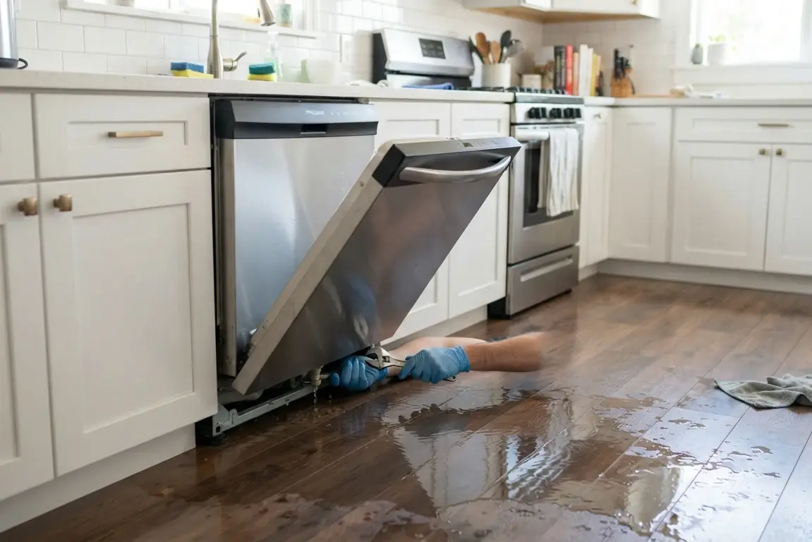 Dishwasher with water on floor kitchen flooding