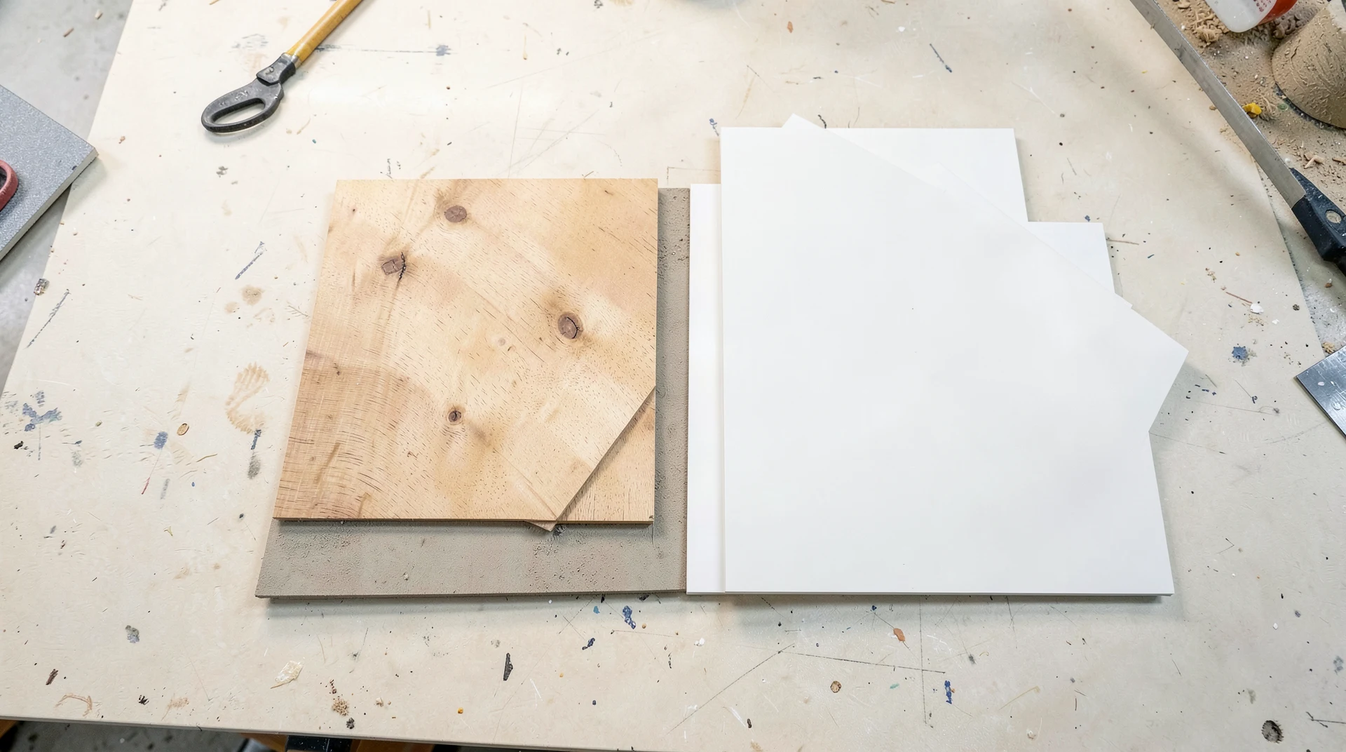 Wall finishing material samples on workbench