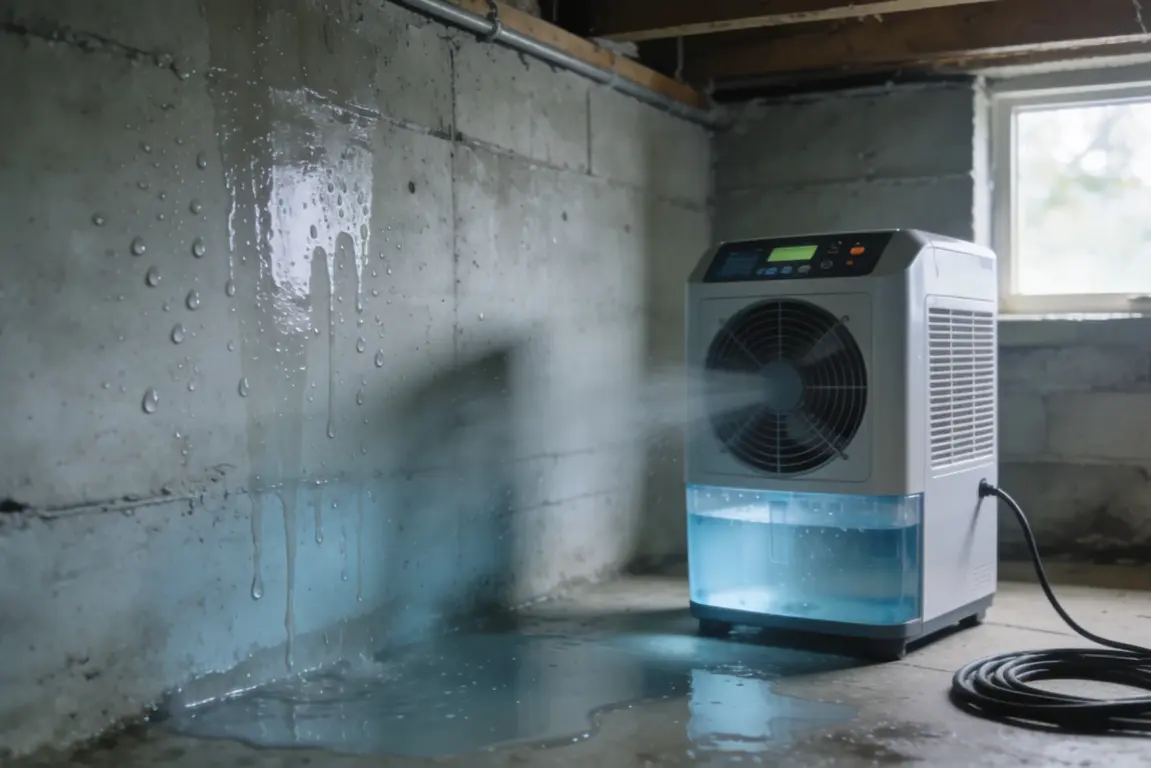 dehumidifier running in a damp basement to control moisture
