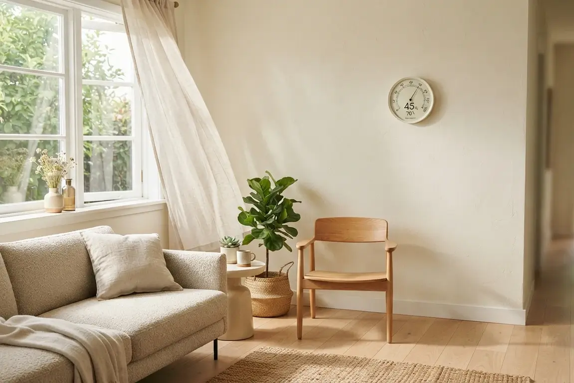 Bright ventilated living room with an open window and a wall hygrometer showing comfortable indoor humidity