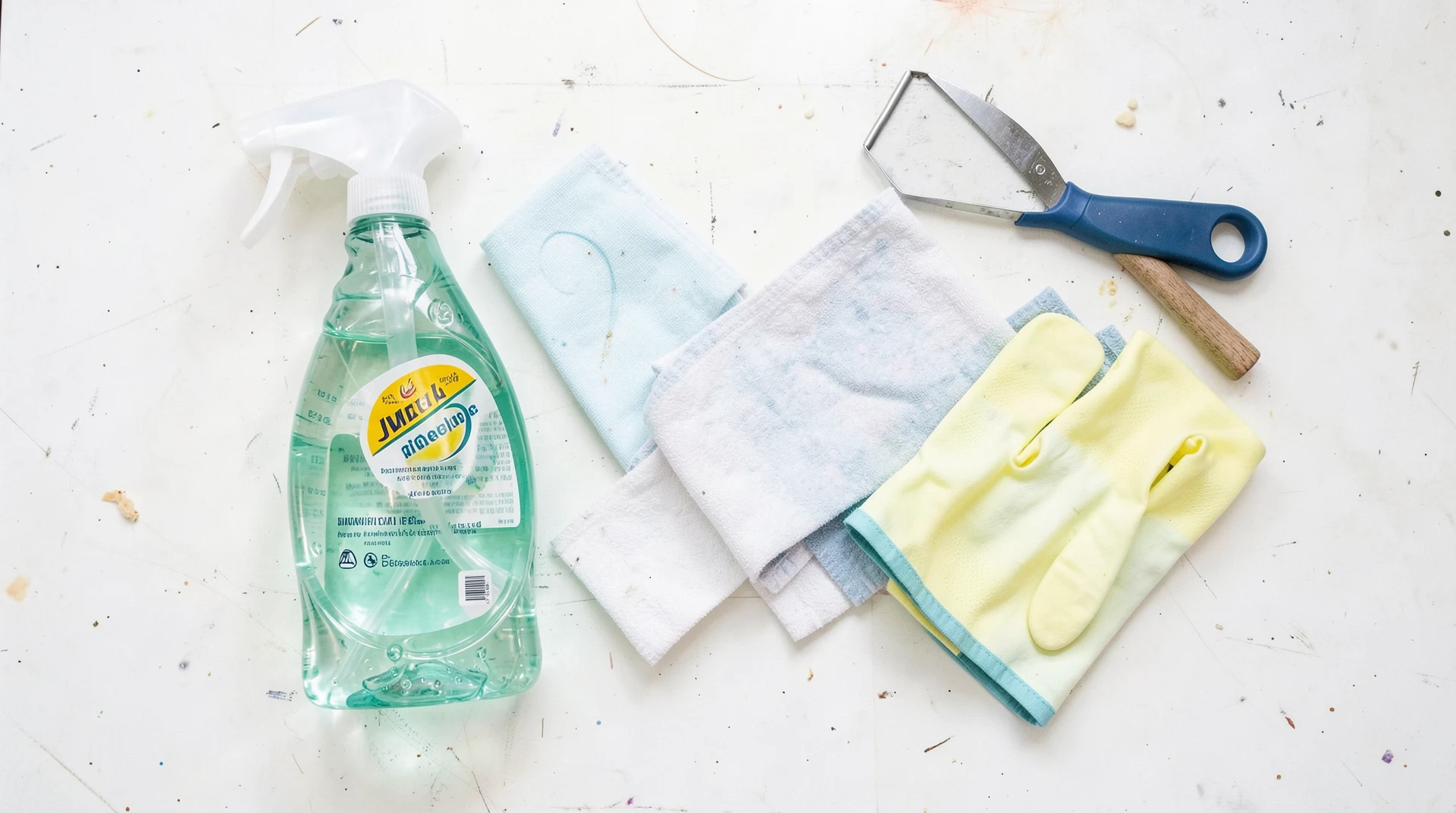 DIY cleaning and paint removal supplies on workbench