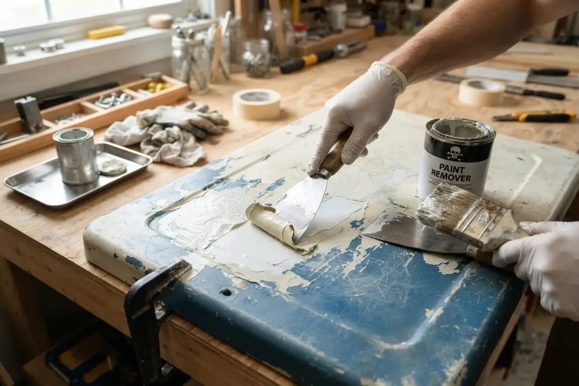 Paint removal tools and supplies on workbench