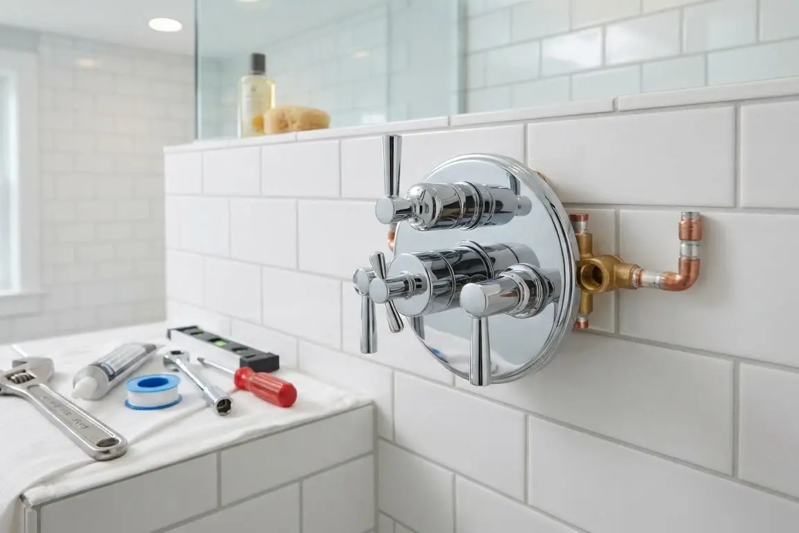 Shower diverter valve with tools on bathroom wall