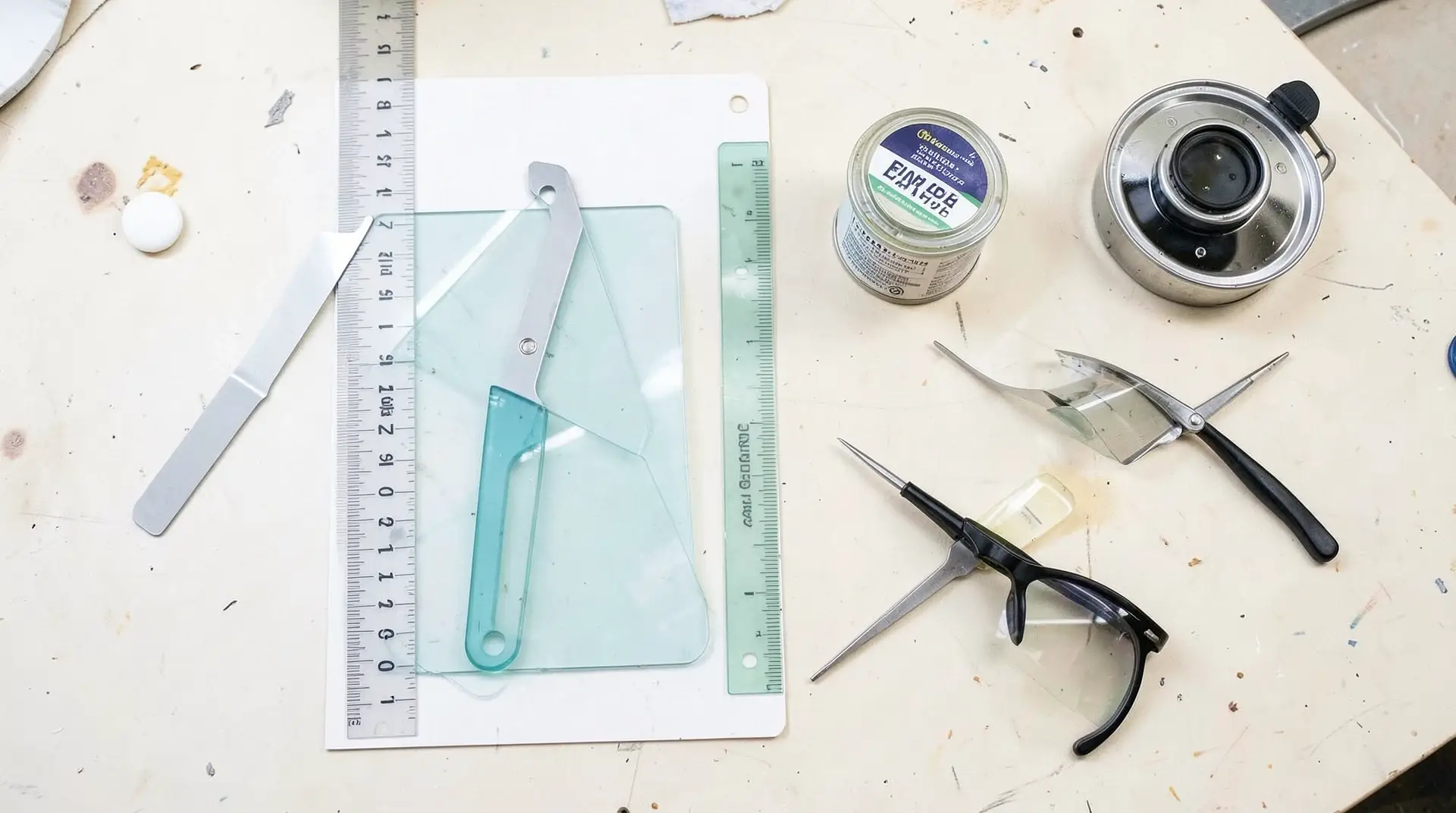 Glass cutting supplies on workbench