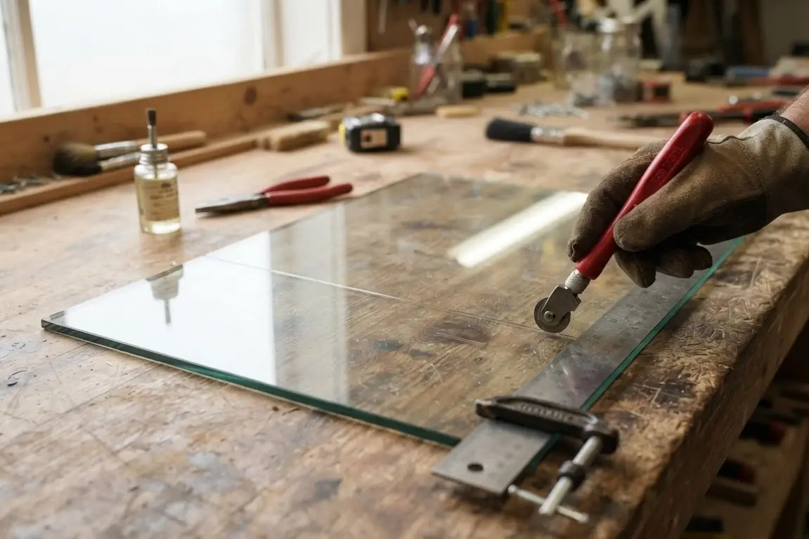 Glass cutter and tools on workbench