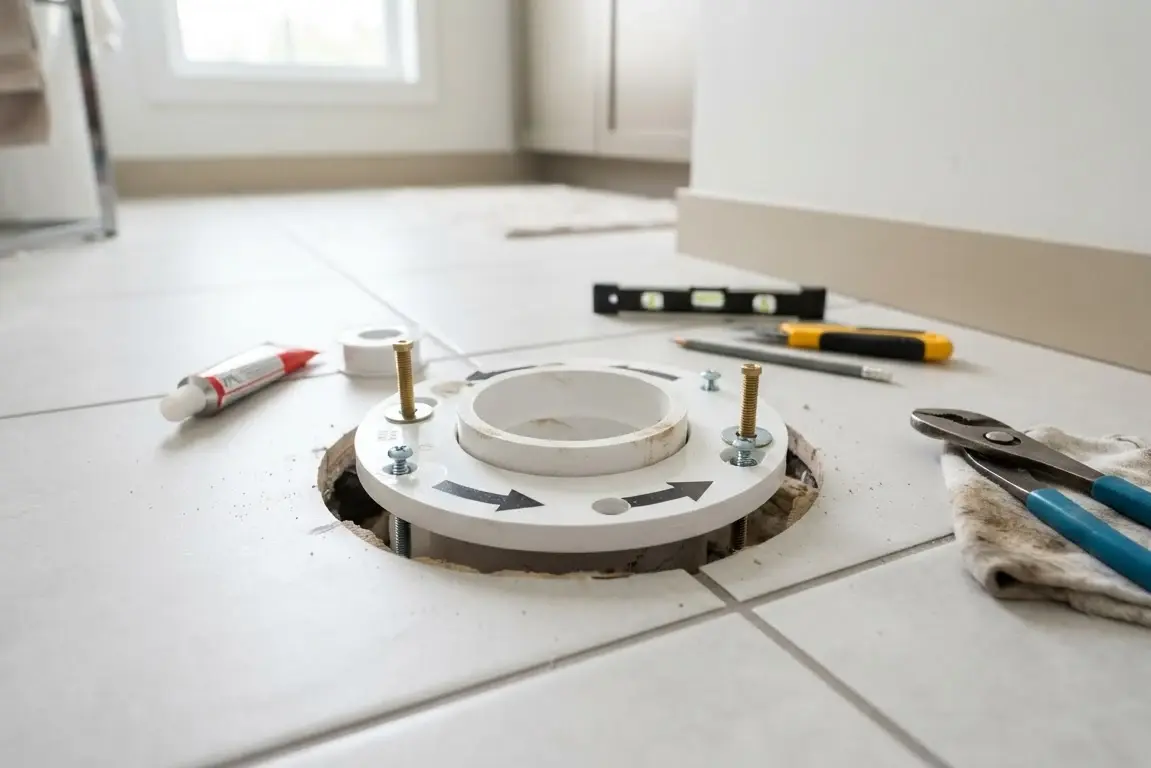 Toilet flange installation on bathroom floor