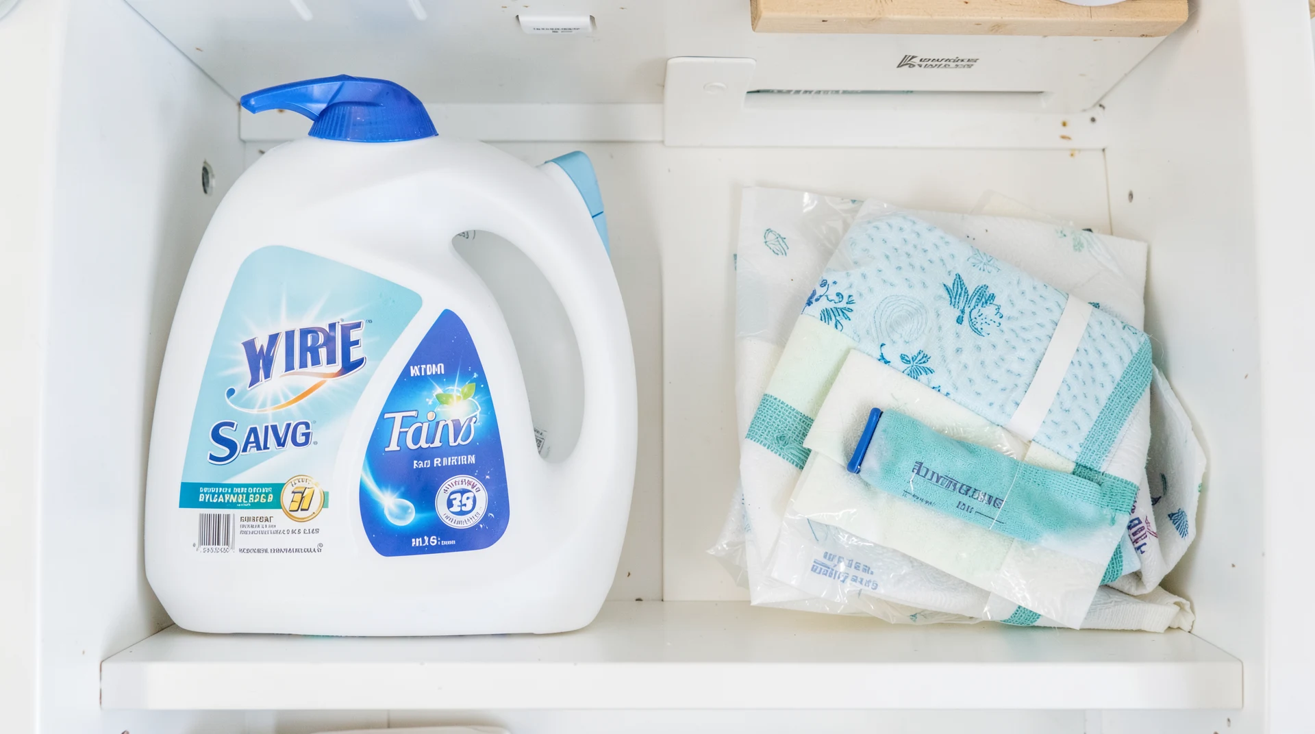 Laundry room supplies on shelf