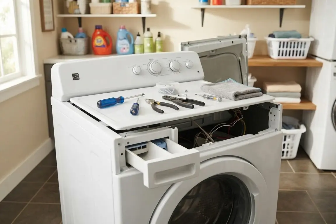 Washing machine with tools on top for repair